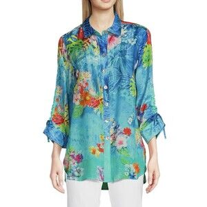 John Mark Blouse 1X Tropical Print Vacation Beach Resortwear Cruise NWT Light